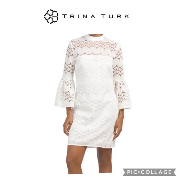 Trina Turk white lace 3/4 bell sleeves  mini dress size 12  NWT $228 - Picture 1 of 12